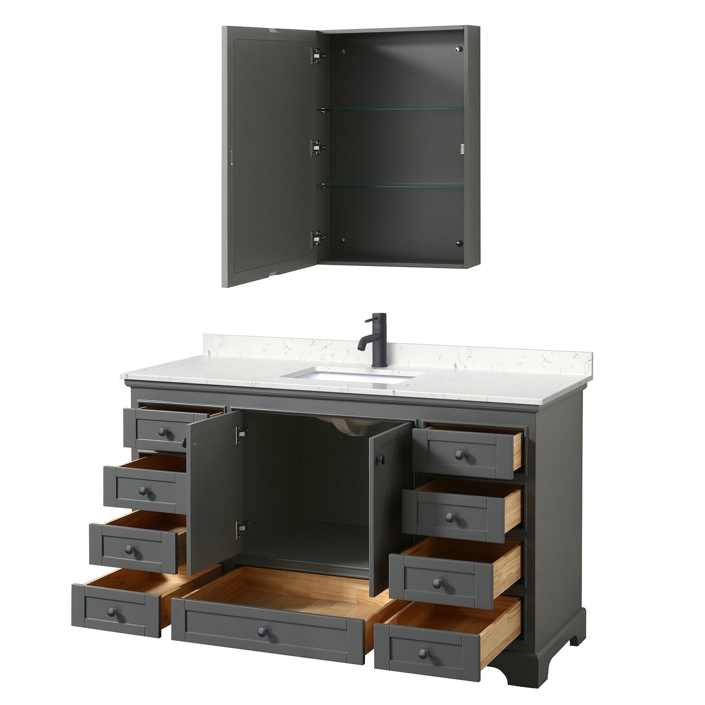 Deborah 60" Gray Single Vanity, Carrara Marble Top, Black Trim, Medicine Cabinet