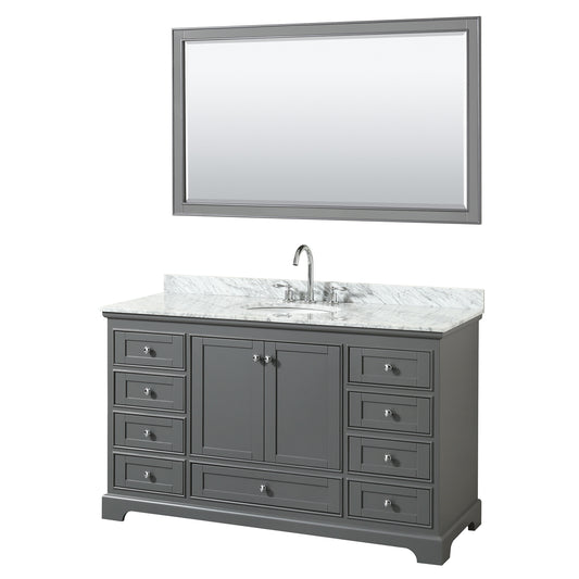 Deborah 60 Inch Single Bathroom Vanity in Dark Gray, White Carrara Marble Countertop, Undermount Oval Sink, and 58 Inch Mirror