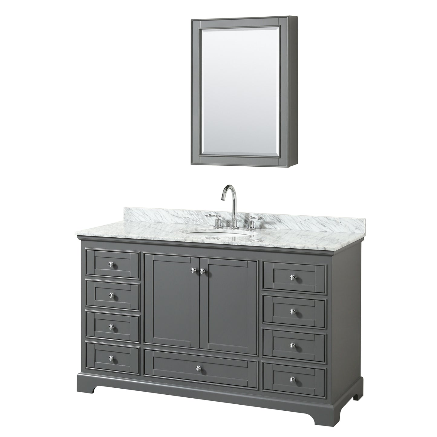 Deborah 60 Inch Single Bathroom Vanity in Dark Gray, White Carrara Marble Countertop, Undermount Oval Sink, and Medicine Cabinet