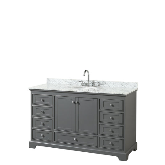 Deborah 60 Inch Single Bathroom Vanity in Dark Gray, White Carrara Marble Countertop, Undermount Oval Sink, and No Mirror