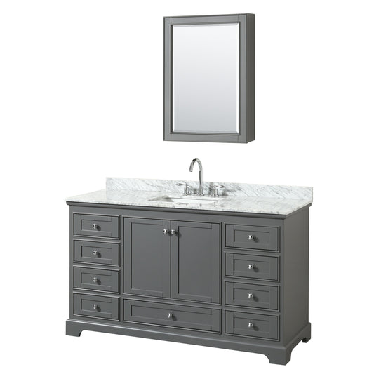 Deborah 60 inch Single Bathroom Vanity in Dark Gray, White Carrara Marble Countertop, Undermount Square Sink, and Medicine Cabinet