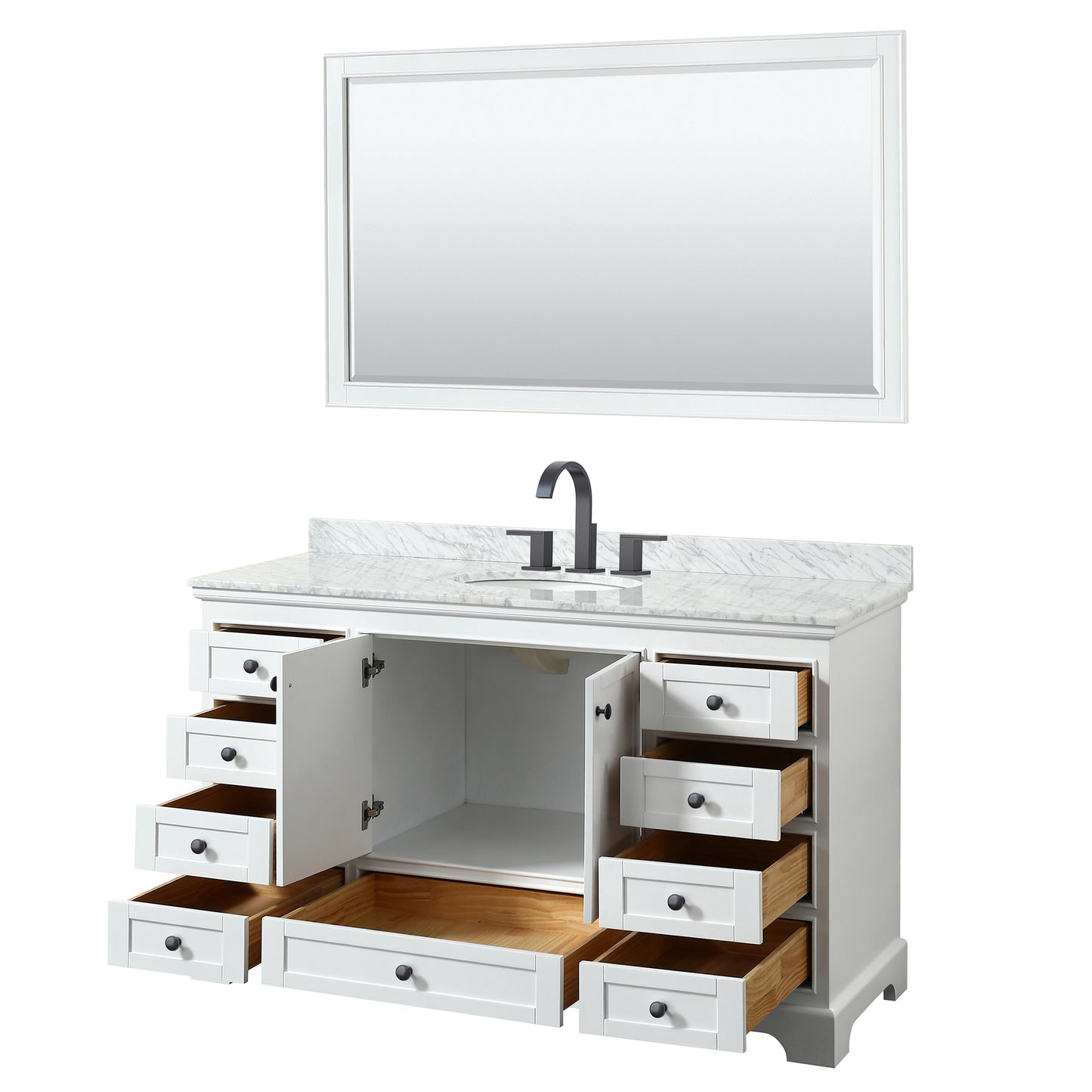 Deborah 60" Single Vanity in White, Top, Oval Sink, Matte Black Trim, 58" Mirror