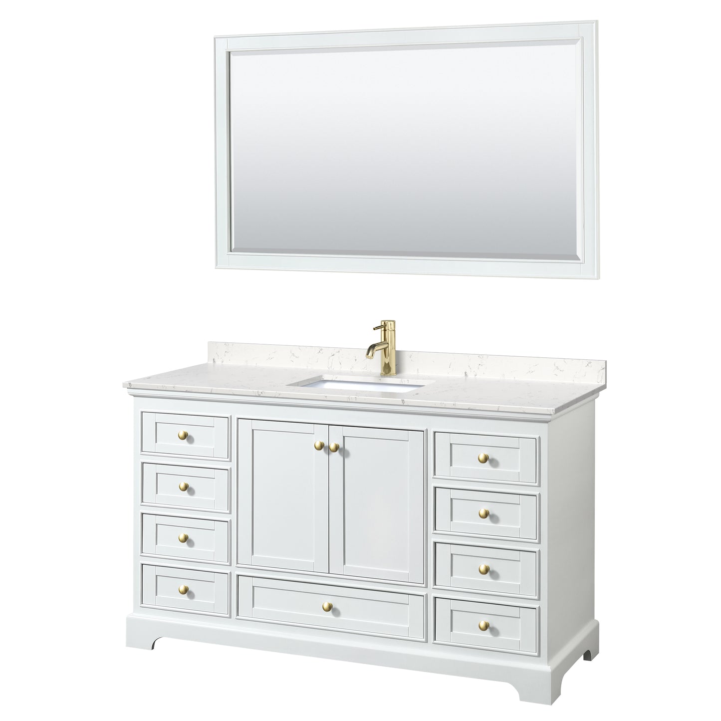 Deborah 60" Single Vanity in White, Carrara Marble Top, Gold Trim, 58" Mirror