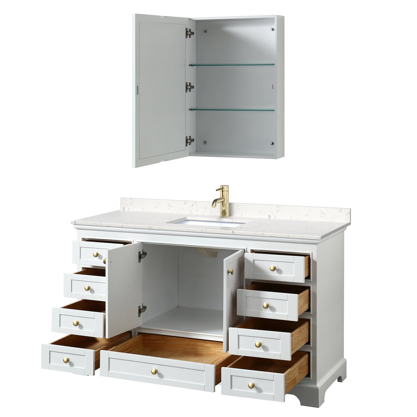 Deborah 60" White Single Vanity, Carrara Marble Top, Gold Trim, Medicine Cabinet
