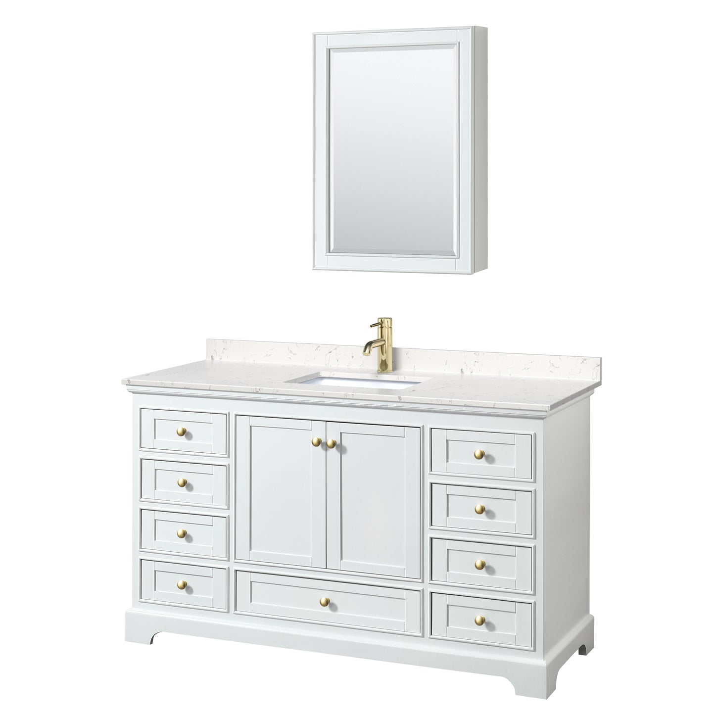 Deborah 60" White Single Vanity, Carrara Marble Top, Gold Trim, Medicine Cabinet