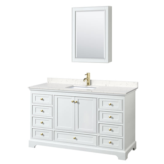Deborah 60" White Single Vanity, Carrara Marble Top, Gold Trim, Medicine Cabinet