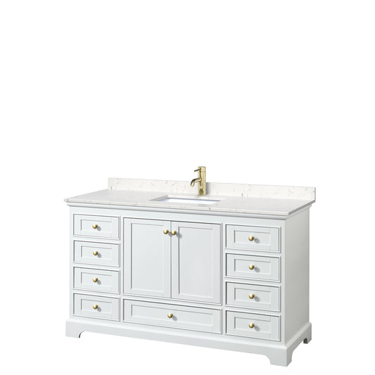 Deborah 60" Single Vanity in White, Carrara Marble Top, Gold Trim, No Mirror