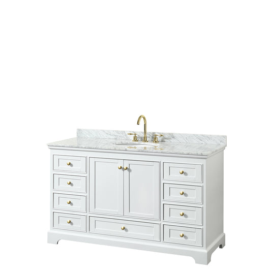 Deborah 60" Single Vanity in White, Top, Oval Sink, Brushed Gold Trim, No Mirror