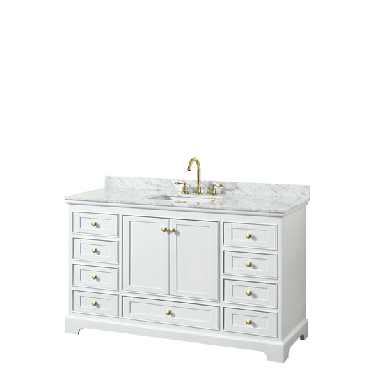 Deborah 60" Single Vanity in White, Top, Square Brushed Gold Trim, No Mirror