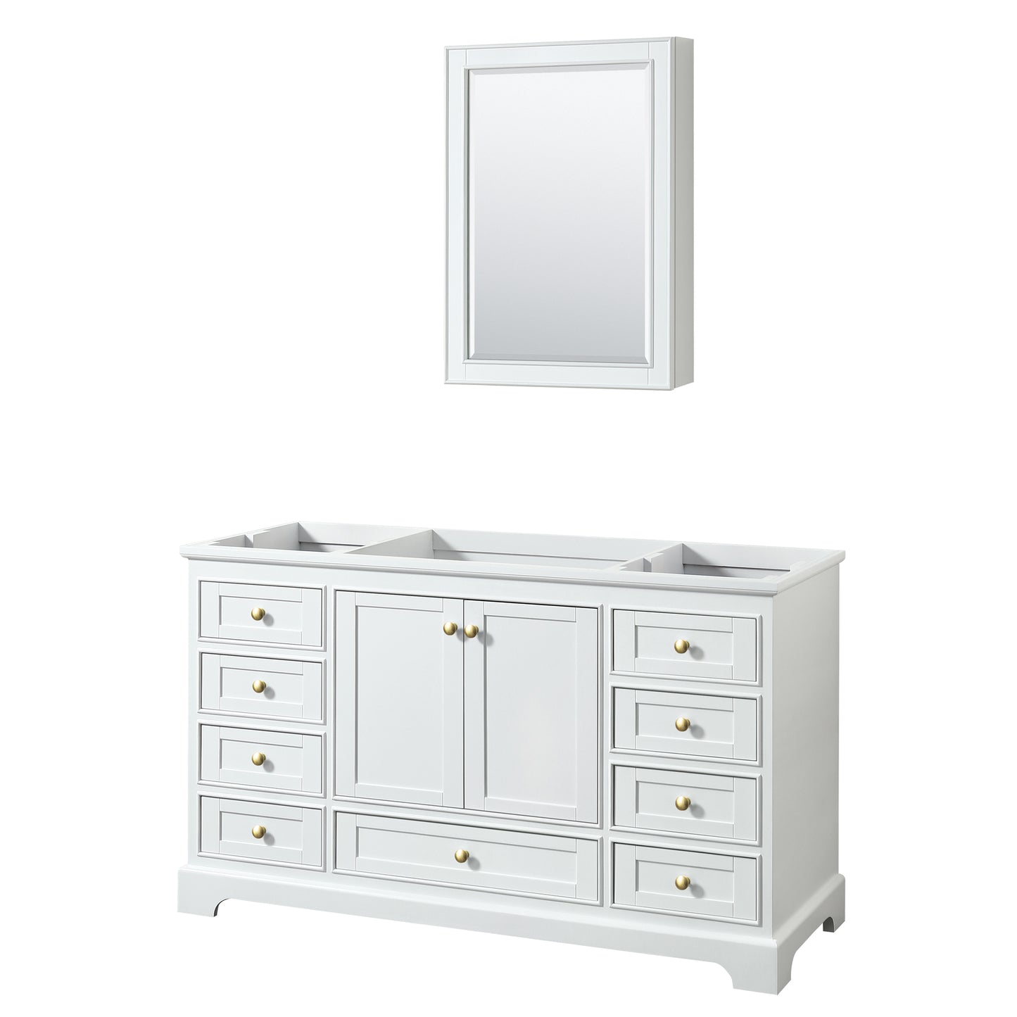 Deborah 60" Single Vanity in White, No Top, Brushed Gold Trim, Medicine Cabinet