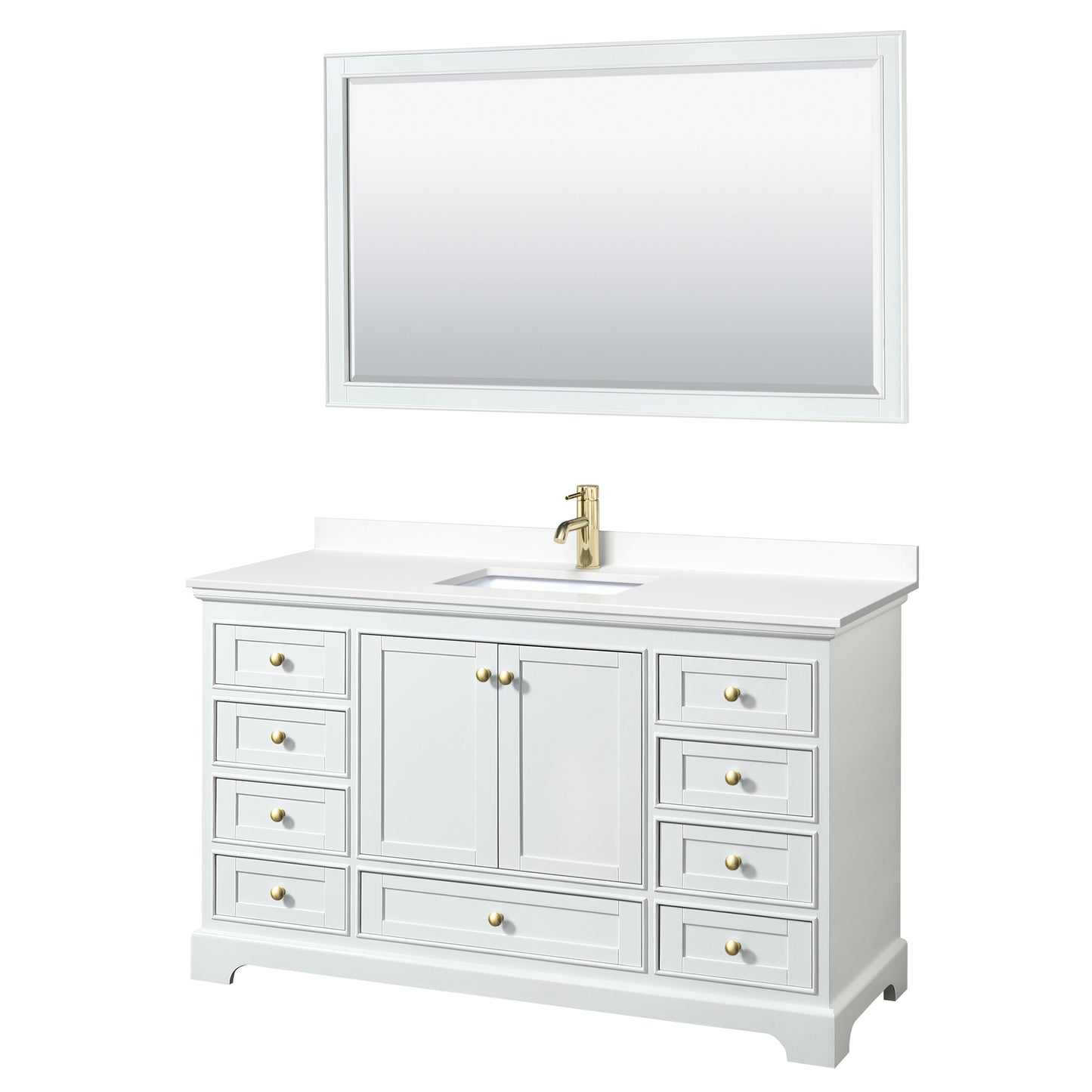 Deborah 60" Single Vanity in White, White Marble Top, Gold Trim, 58" Mirror