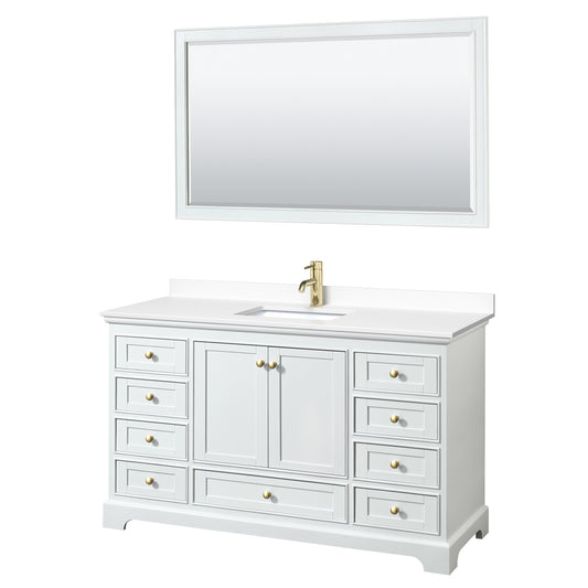 Deborah 60" Single Vanity in White, White Marble Top, Gold Trim, 58" Mirror