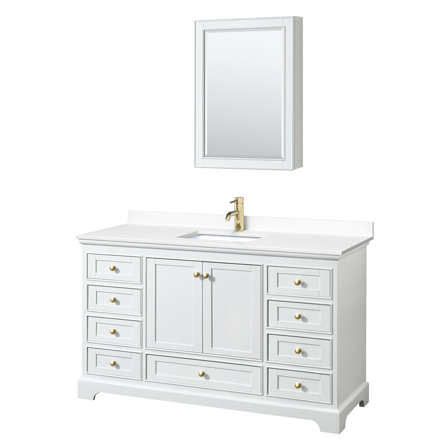 Deborah 60" White Single Vanity, White Marble Top, Gold Trim, Medicine Cabinet