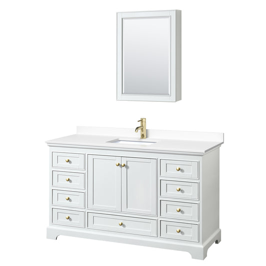 Deborah 60" White Single Vanity, White Marble Top, Gold Trim, Medicine Cabinet