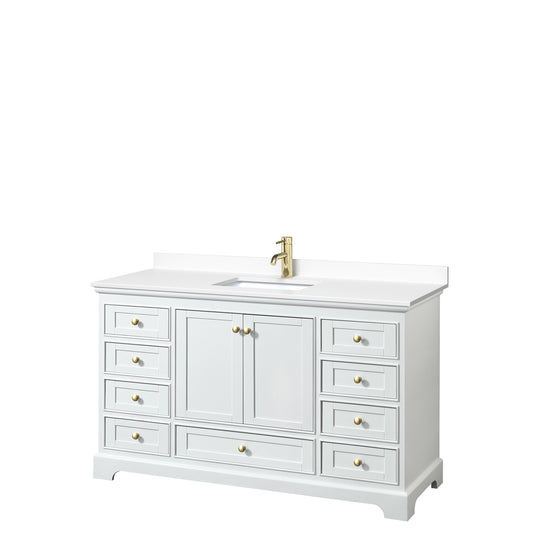 Deborah 60" Single Vanity in White, White Marble Top, Gold Trim, No Mirror