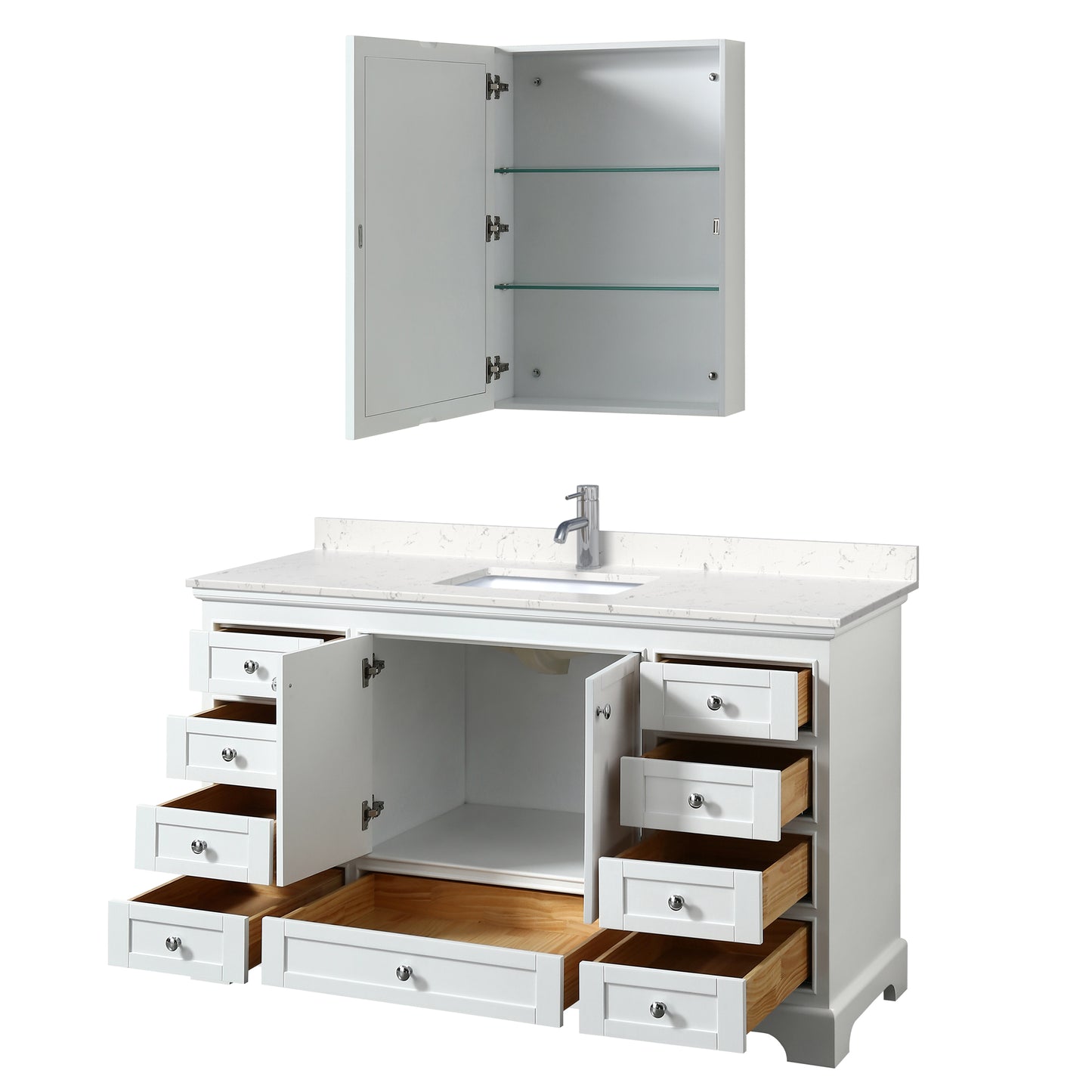Deborah 60" Single Vanity in White, Carrara Marble Top, Medicine Cabinet