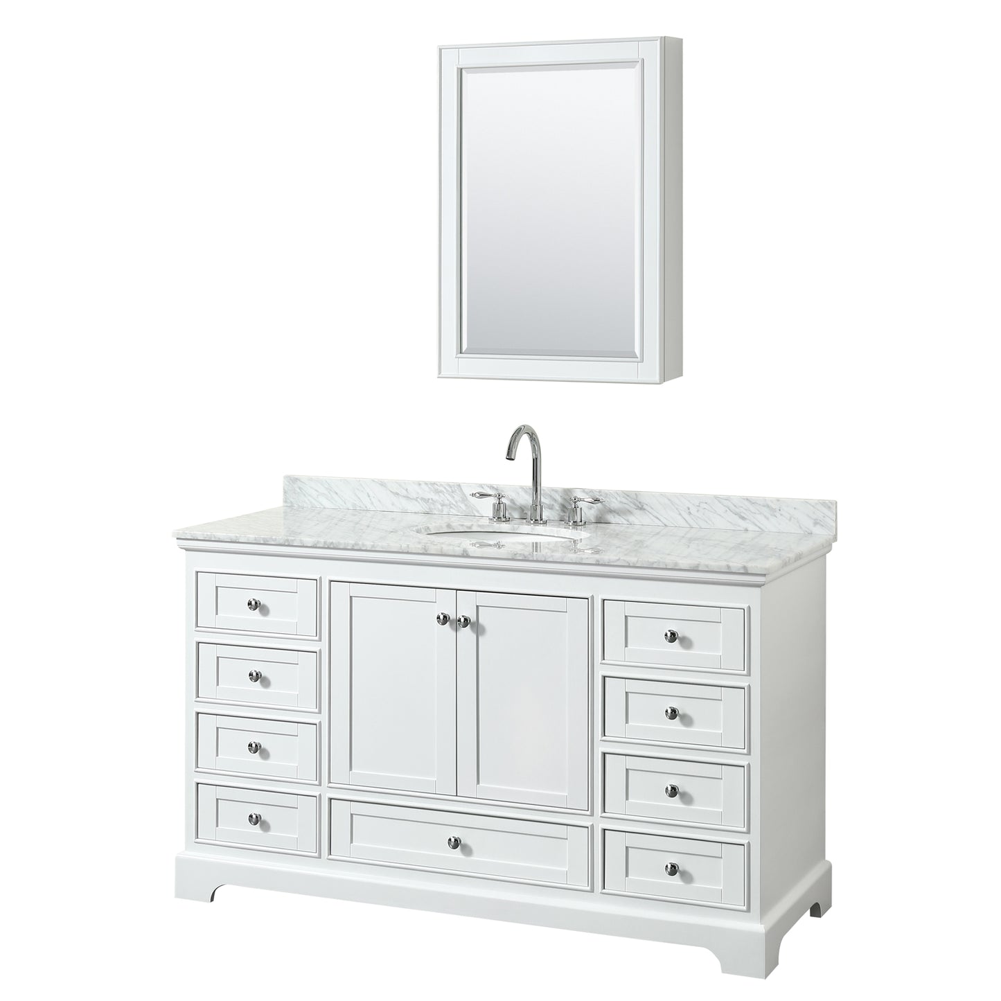 Deborah 60 Inch Single Bathroom Vanity in White, White Carrara Marble Countertop, Undermount Oval Sink, and Medicine Cabinet