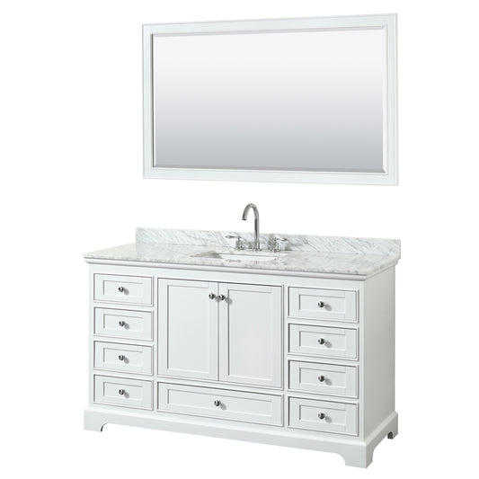 Deborah 60 inch Single Bathroom Vanity in White, White Carrara Marble Countertop, Undermount Square Sink, and 58 inch Mirror