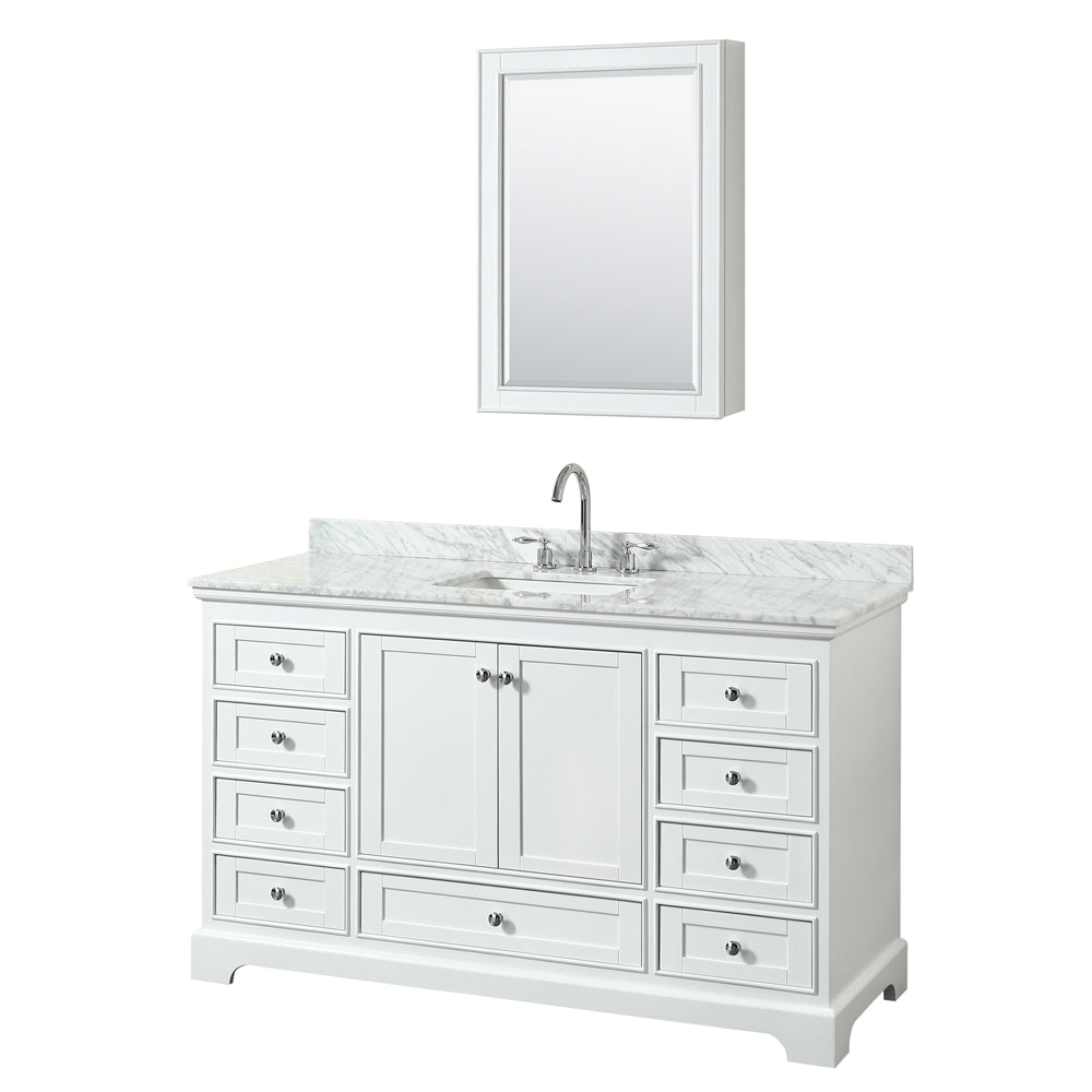 Deborah 60 inch Single Bathroom Vanity in White, White Carrara Marble Countertop, Undermount Square Sink, and Medicine Cabinet