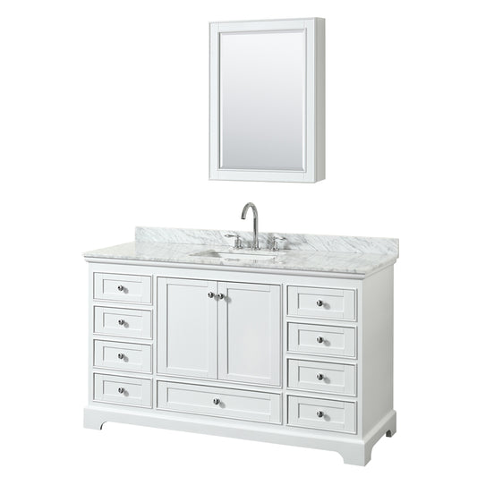 Deborah 60 inch Single Bathroom Vanity in White, White Carrara Marble Countertop, Undermount Square Sink, and Medicine Cabinet