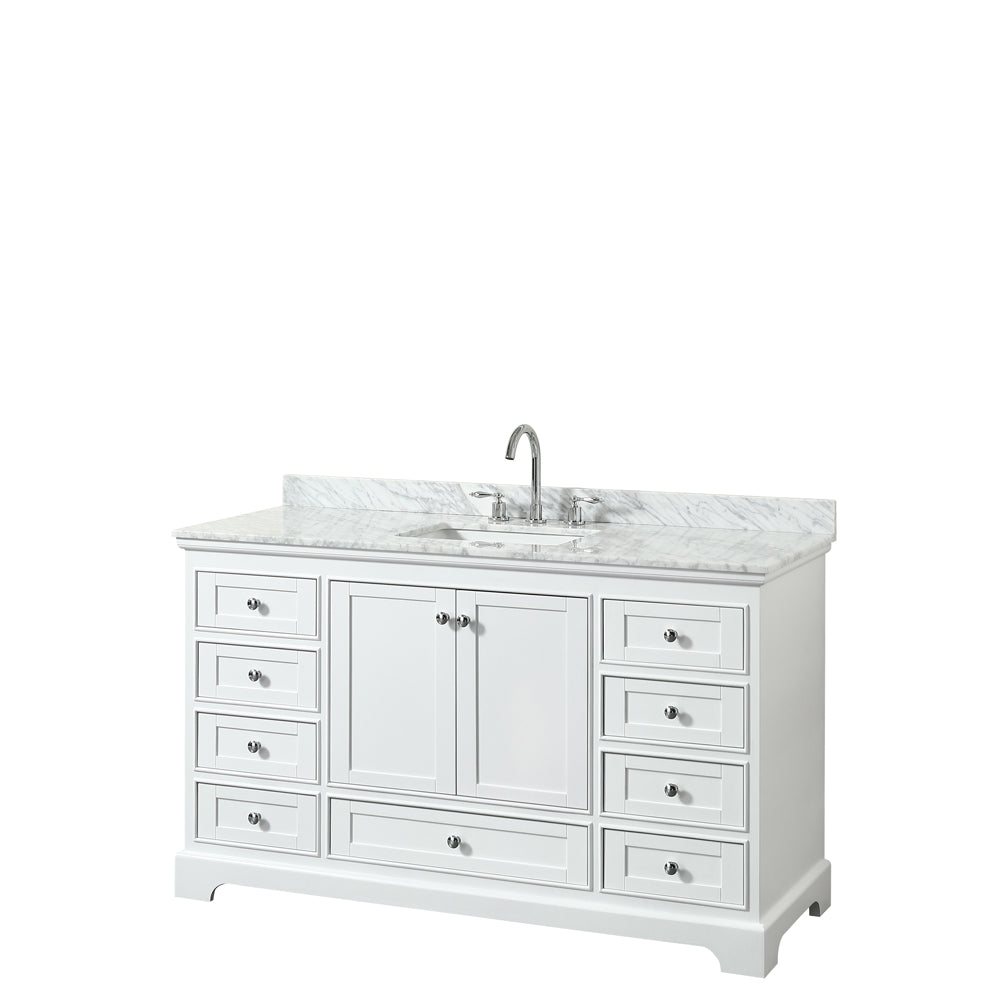 Deborah 60 inch Single Bathroom Vanity in White, White Carrara Marble Countertop, Undermount Square Sink, and No Mirror