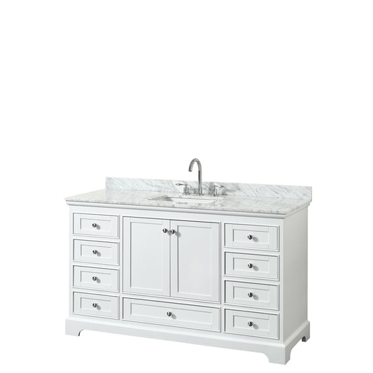 Deborah 60 inch Single Bathroom Vanity in White, White Carrara Marble Countertop, Undermount Square Sink, and No Mirror