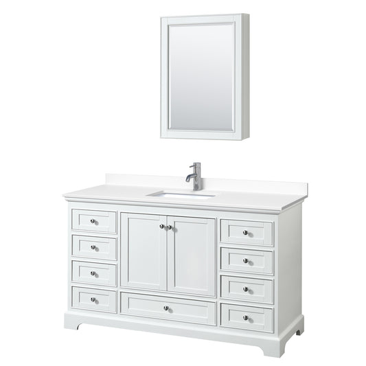 Deborah 60" Single Vanity in White, White Cultured Marble Top, Medicine Cabinet
