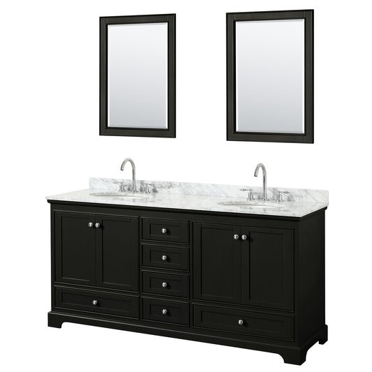 Deborah 72 Inch Double Bathroom Vanity in Dark Espresso, White Carrara Marble Countertop, Undermount Oval Sinks, and 24 Inch Mirrors