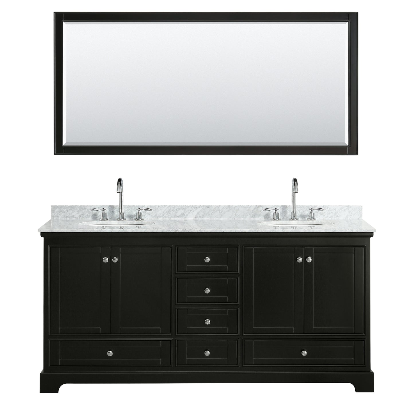 Deborah 72" Double Vanity in Dark Espresso, Top, Oval Sinks, 70" Mirror