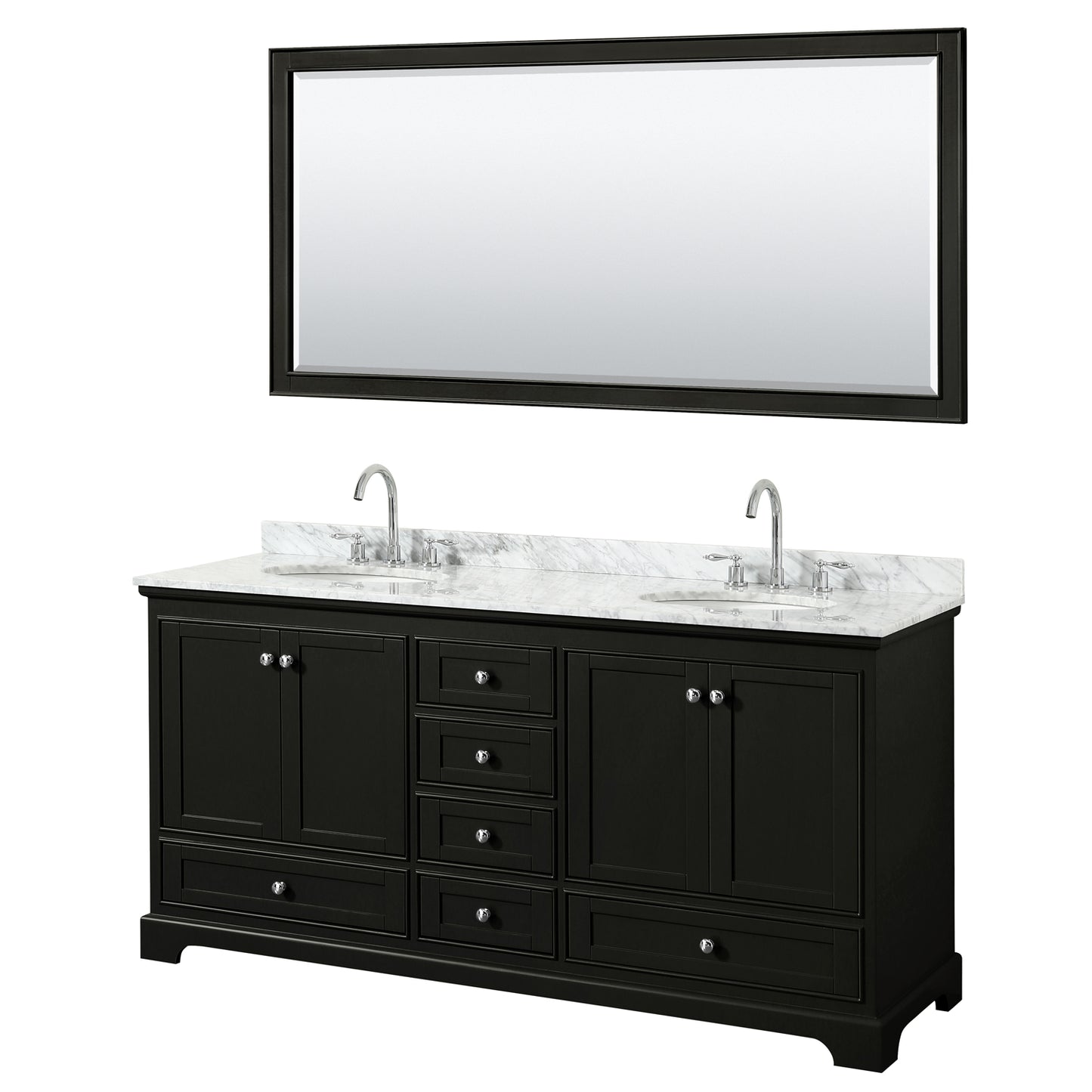Deborah 72" Double Vanity in Dark Espresso, Top, Oval Sinks, 70" Mirror