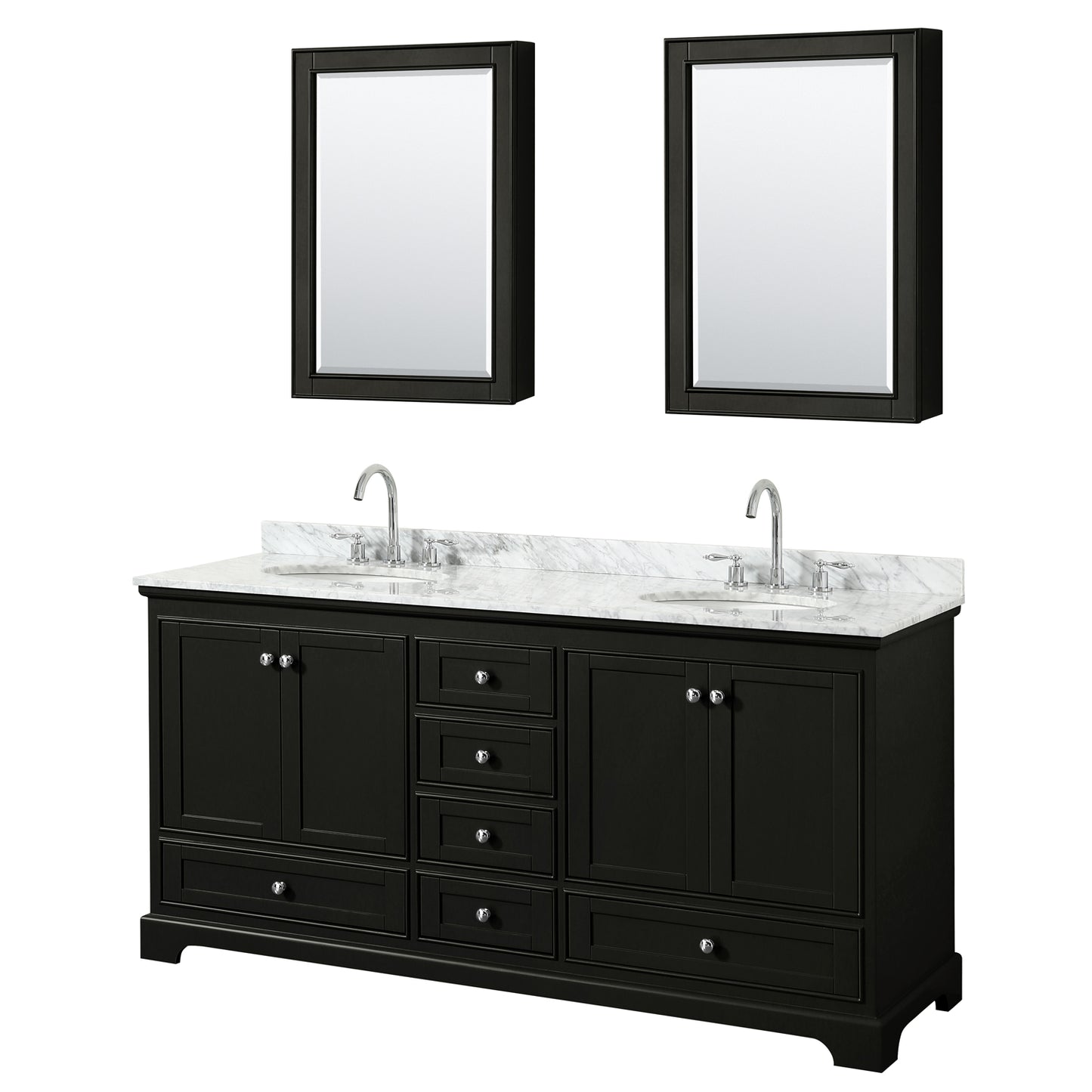 Deborah 72 Inch Double Bathroom Vanity in Dark Espresso, White Carrara Marble Countertop, Undermount Oval Sinks, and Medicine Cabinets