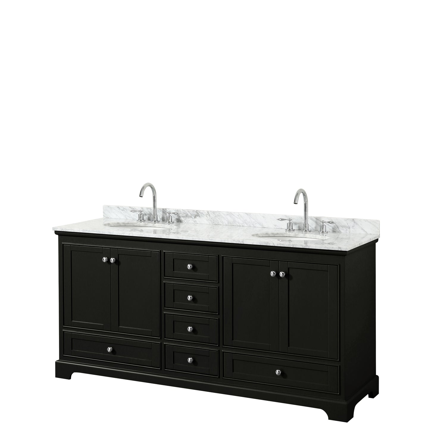 Deborah 72 Inch Double Bathroom Vanity in Dark Espresso, White Carrara Marble Countertop, Undermount Oval Sinks, and No Mirrors