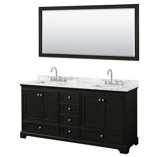 Deborah 72 Inch Double Bathroom Vanity in Dark Espresso, White Carrara Marble Countertop, Undermount Square Sinks, and 70 Inch Mirror