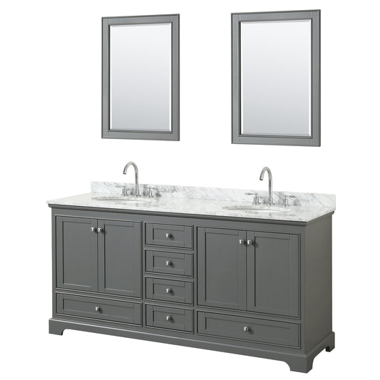 Deborah 72 Inch Double Bathroom Vanity in Dark Gray, White Carrara Marble Countertop, Undermount Oval Sinks, and 24 Inch Mirrors