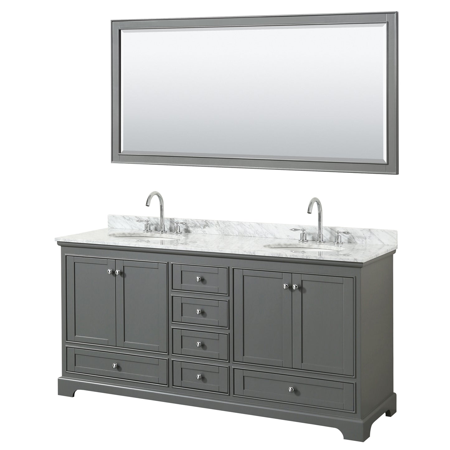 Deborah 72 Inch Double Bathroom Vanity in Dark Gray, White Carrara Marble Countertop, Undermount Oval Sinks, and 70 Inch Mirror