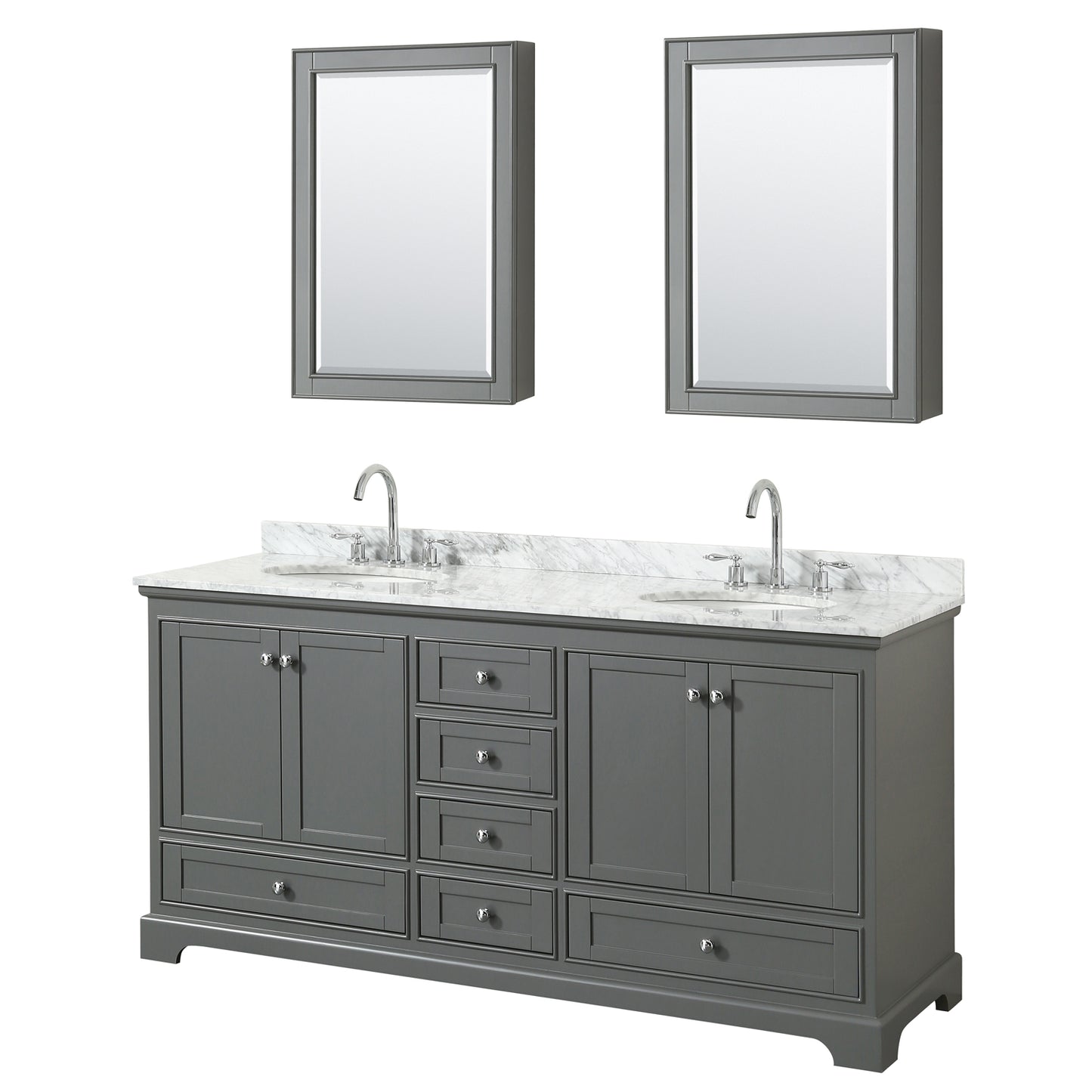 Deborah 72 Inch Double Bathroom Vanity in Dark Gray, White Carrara Marble Countertop, Undermount Oval Sinks, and Medicine Cabinets