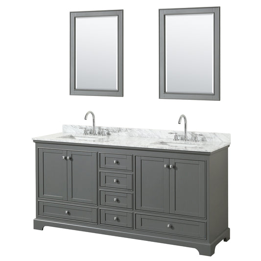 Deborah 72 inch Double Bathroom Vanity in Dark Gray, White Carrara Marble Countertop, Undermount Square Sinks, and 24 inch Mirrors