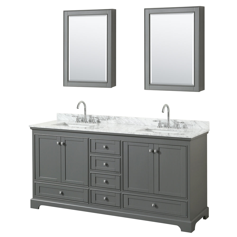 Deborah 72 inch Double Bathroom Vanity in Dark Gray, White Carrara Marble Countertop, Undermount Square Sinks, and Medicine Cabinets