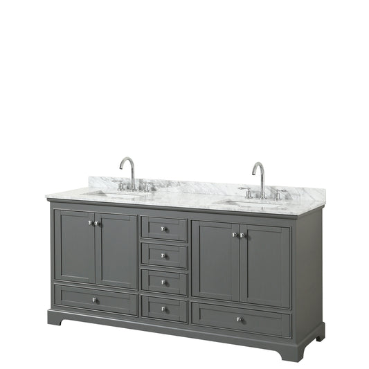 Deborah 72 inch Double Bathroom Vanity in Dark Gray, White Carrara Marble Countertop, Undermount Square Sinks, and No Mirror