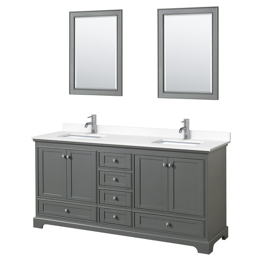 Deborah 72" Double Vanity in Dark Gray, White Cultured Marble Top, 24" Mirrors