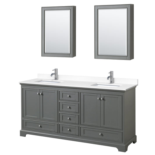 Deborah 72" Double Vanity in Gray, White Cultured Marble Top, Medicine Cabinets