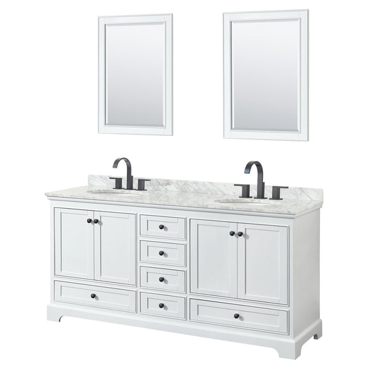 Deborah 72" Double Vanity in White, Top, Oval Matte Black Trim, 24" Mirrors