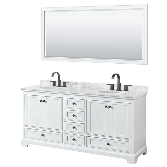 Deborah 72" Double Vanity in White, Top, Oval Matte Black Trim, 70" Mirror