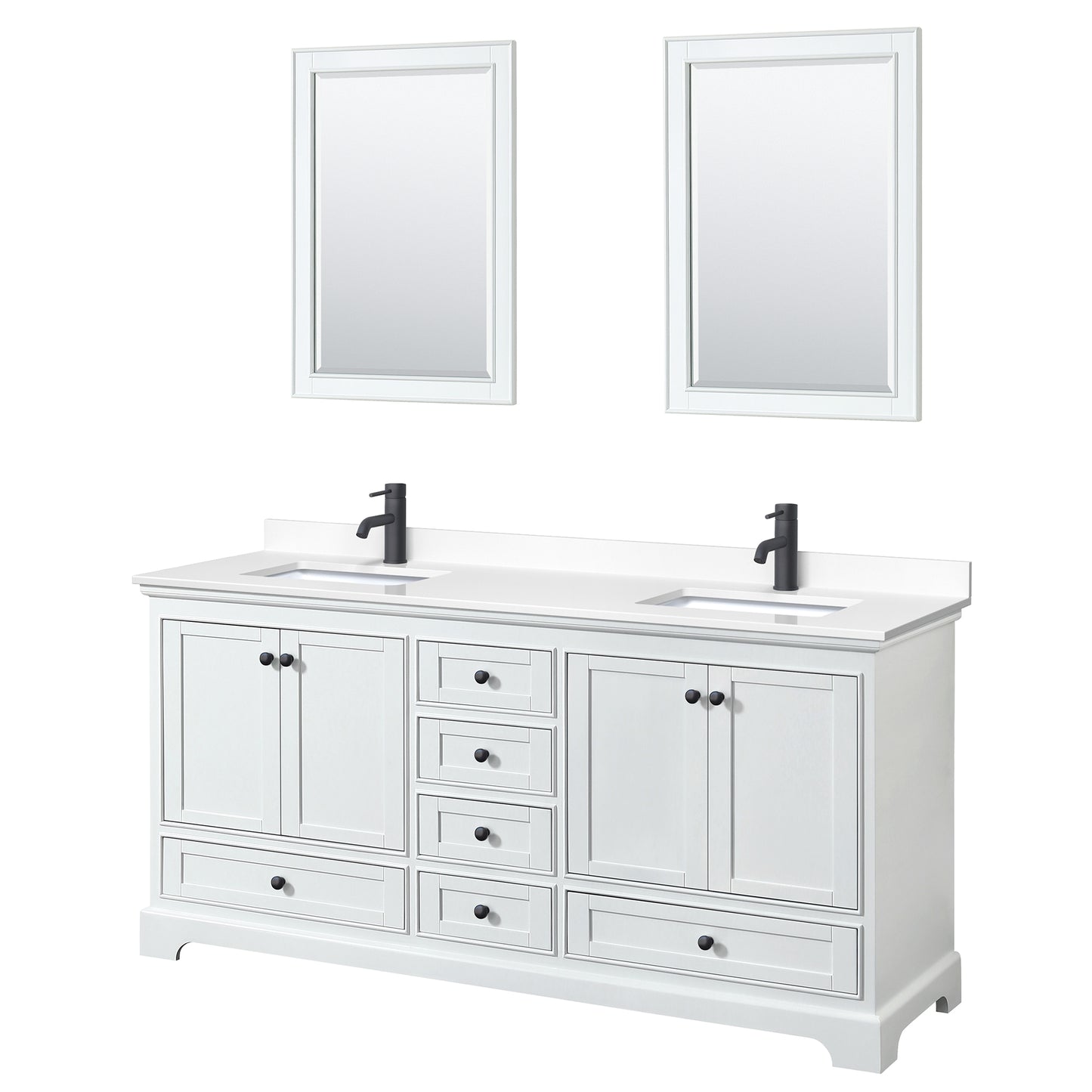 Deborah 72" Double Vanity in White, White Marble Top, Black Trim, 24" Mirrors