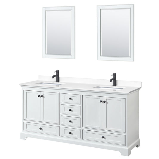Deborah 72" Double Vanity in White, White Marble Top, Black Trim, 24" Mirrors