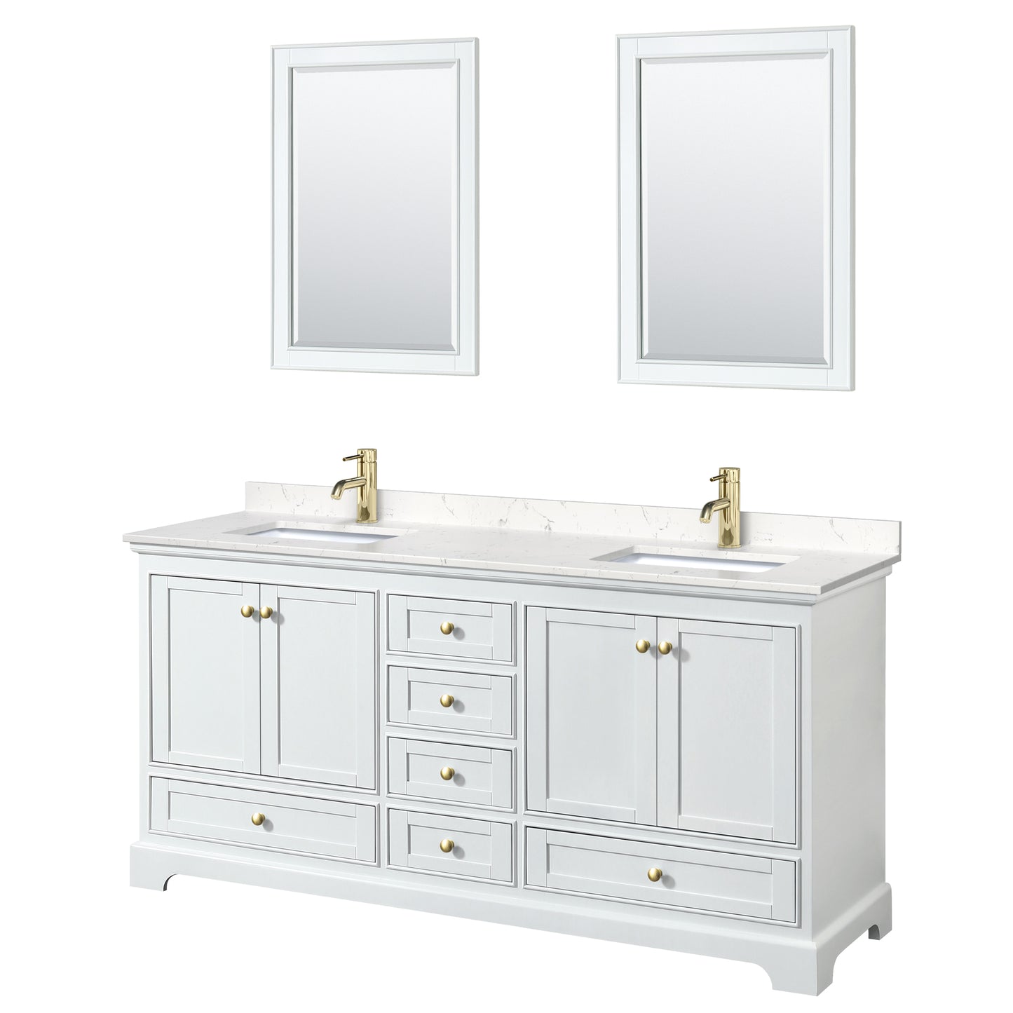 Deborah 72" Double Vanity in White, Carrara Marble Top, Gold Trim, 24" Mirrors