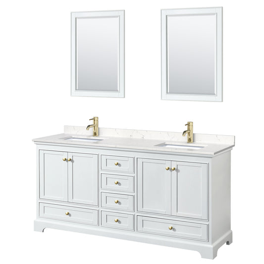 Deborah 72" Double Vanity in White, Carrara Marble Top, Gold Trim, 24" Mirrors
