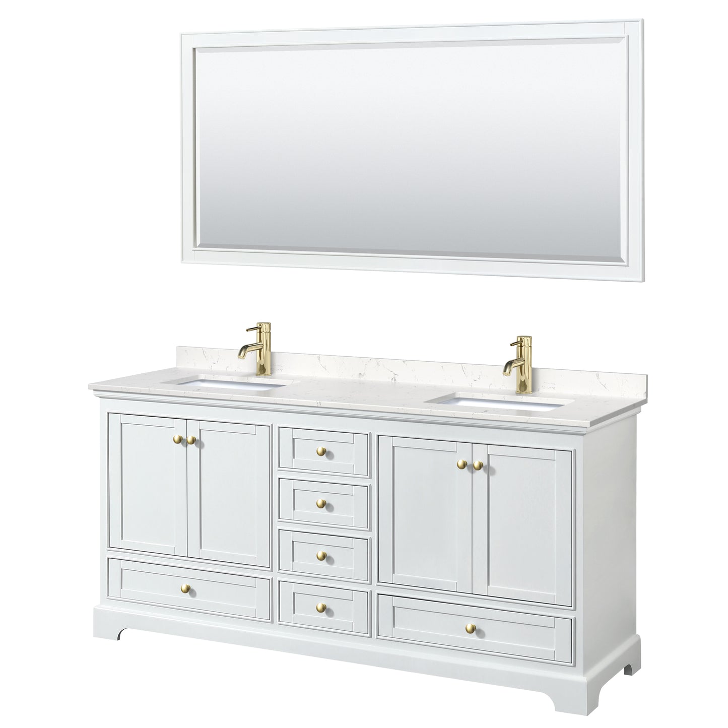 Deborah 72" Double Vanity in White, Carrara Marble Top, Gold Trim, 70" Mirror