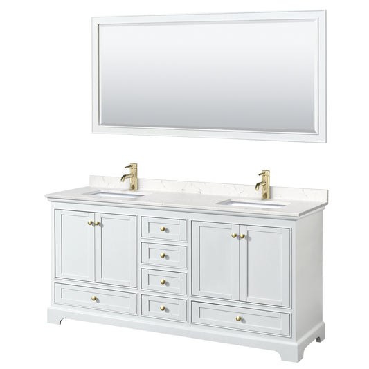 Deborah 72" Double Vanity in White, Carrara Marble Top, Gold Trim, 70" Mirror