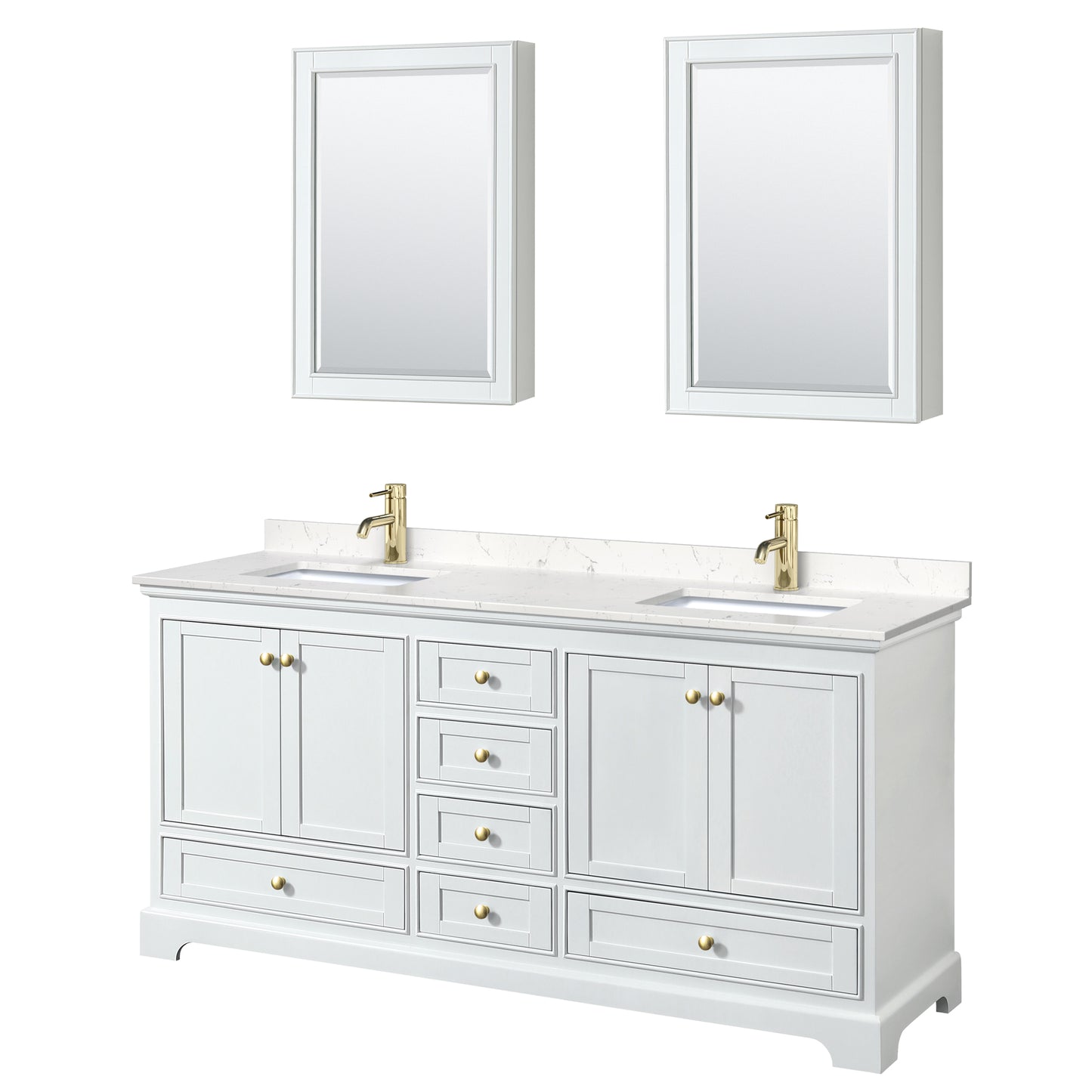 Deborah 72" White Double Vanity, Carrara Top, Gold Trim, Medicine Cabinets